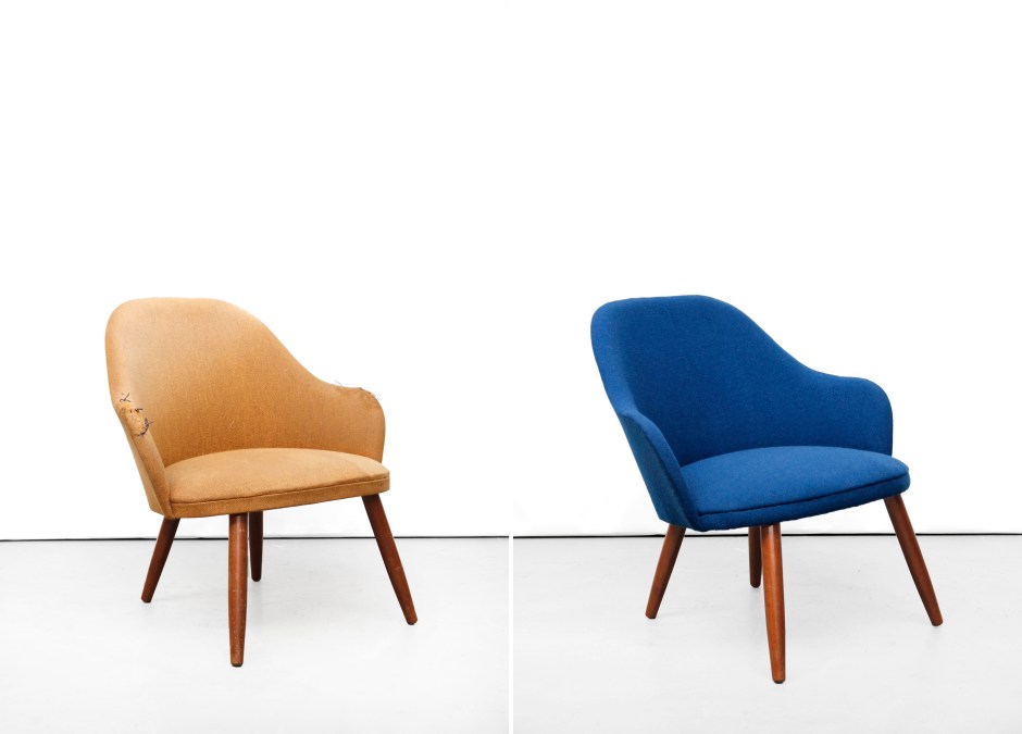 Gerestaureerd blauw deens design fauteuiltje