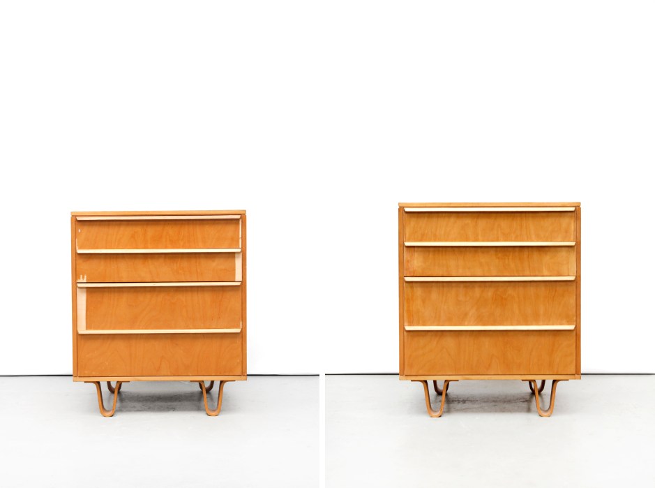 Gerestaureerde pastoe ladenkast before and after